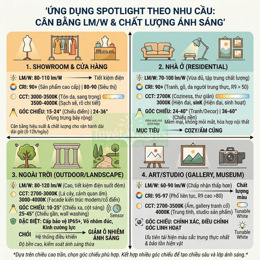 Infographic hướng dẫn chọn đèn spotlight cho showroom, nhà ở, ngoài trời và gallery theo lmW, CRI, CCT và góc chiếu