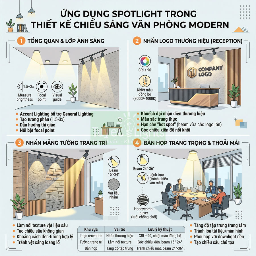 Ứng dụng đèn spotlight chiếu sáng văn phòng hiện đại với khu vực lễ tân, tường trang trí và bàn họp