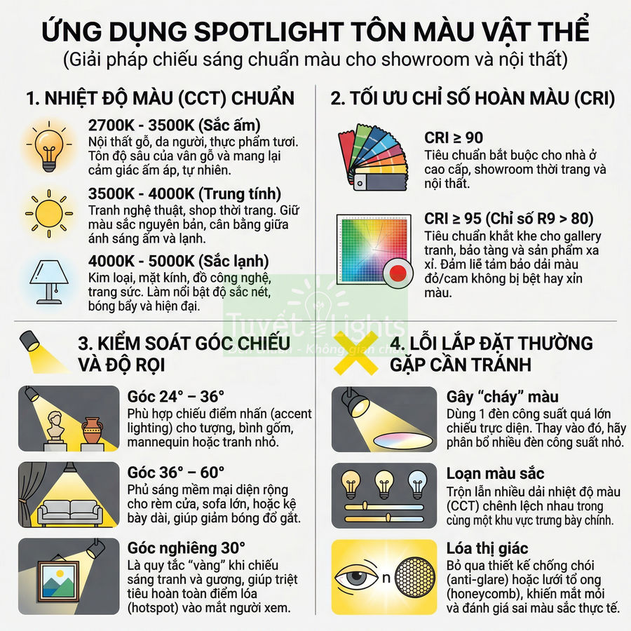 Infographic hướng dẫn ứng dụng đèn spotlight tôn màu vật thể cho showroom và nội thất