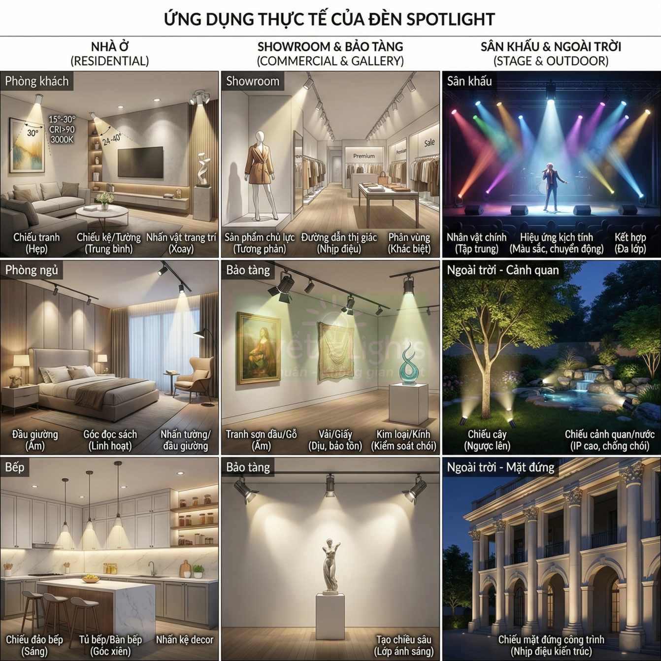 Ứng dụng đèn spotlight chiếu sáng phòng khách, phòng ngủ, bếp, showroom, bảo tàng và cảnh quan ngoài trời