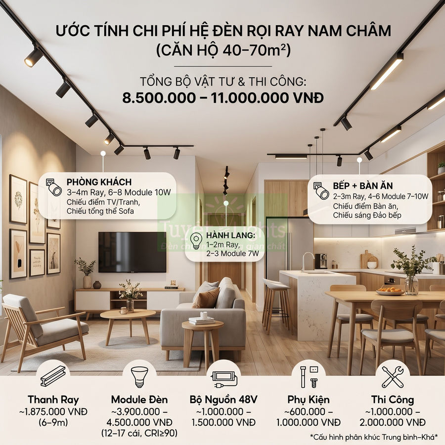 Phòng khách và bếp căn hộ lắp hệ đèn rọi ray nam châm hiện đại, chiếu sáng nội thất gỗ sáng