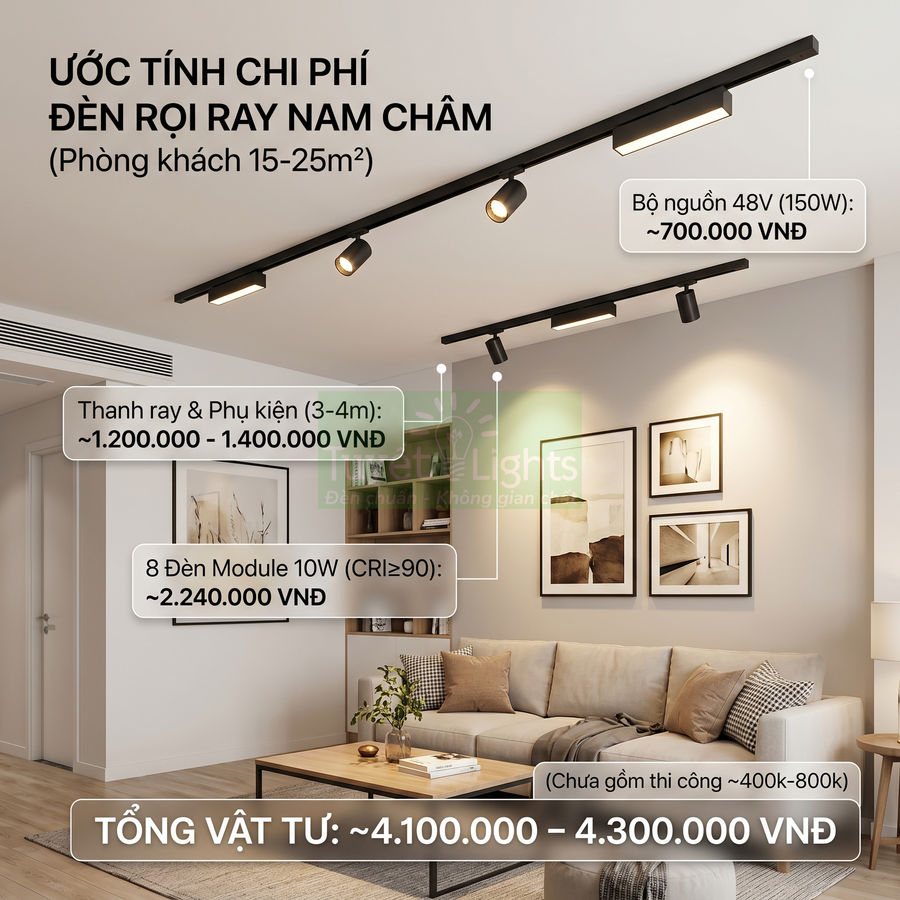 Đèn rọi ray nam châm lắp trần phòng khách hiện đại kèm bảng ước tính chi phí vật tư VNĐ