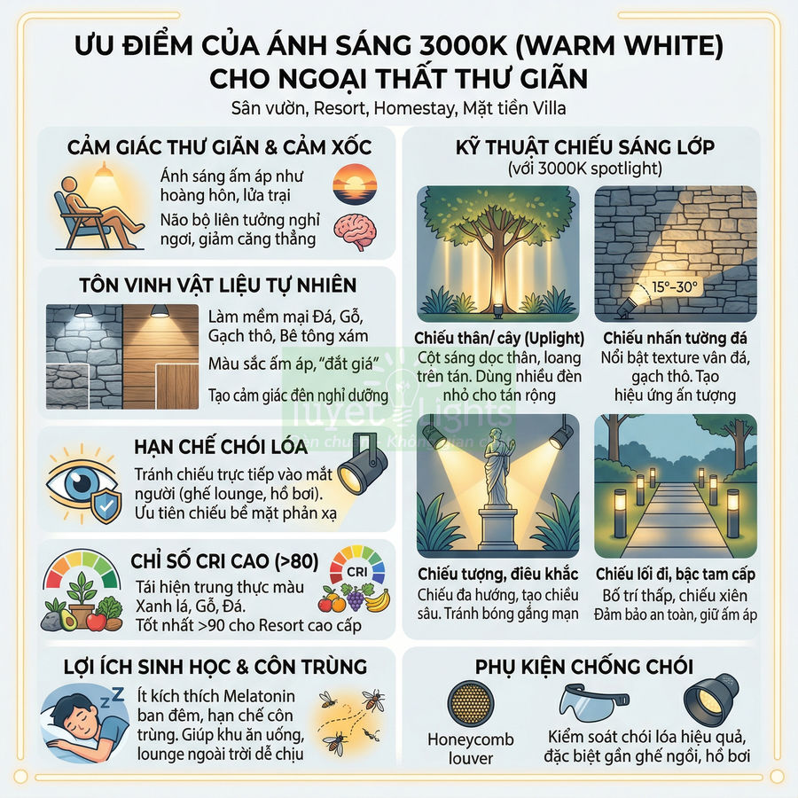 Infographic ưu điểm ánh sáng 3000K warm white cho chiếu sáng sân vườn, resort, lối đi và ngoại thất thư giãn