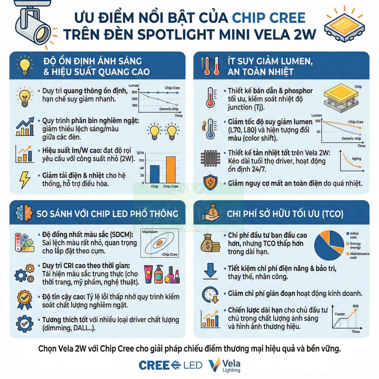 Ưu điểm chip LED Cree trên đèn spotlight mini Vela 2W về độ sáng ổn định, an toàn nhiệt và chi phí sở hữu thấp