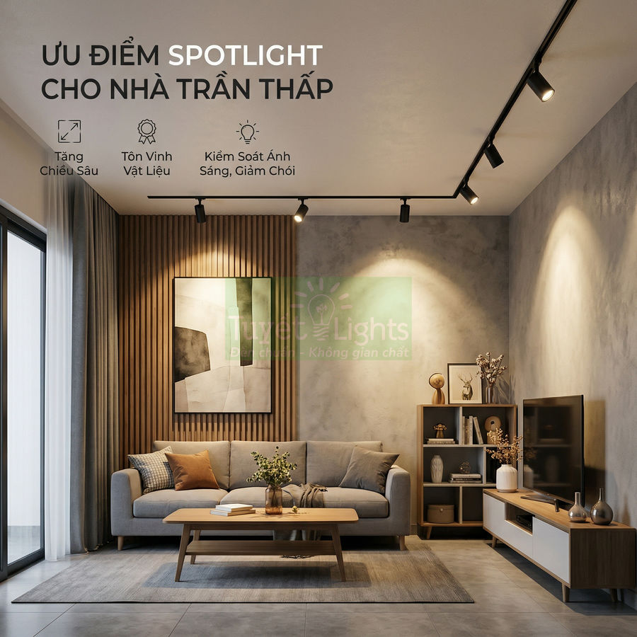 Đèn spotlight ray chiếu sáng phòng khách trần thấp với sofa xám và nội thất gỗ hiện đại