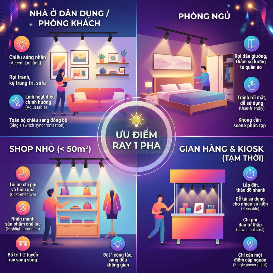 Ưu điểm đèn ray 1 pha chiếu sáng phòng khách, phòng ngủ, shop nhỏ và gian hàng kiosk