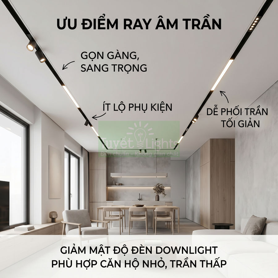 Đèn ray âm trần Tuyết Lights lắp trong phòng khách liền bếp hiện đại, gọn gàng sang trọng