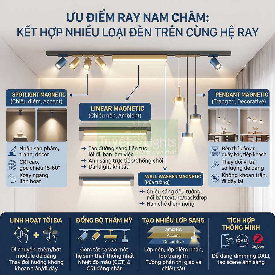 Hệ thống đèn ray nam châm với nhiều loại đèn spotlight, linear, pendant và wall washer cho chiếu sáng nội thất linh hoạt