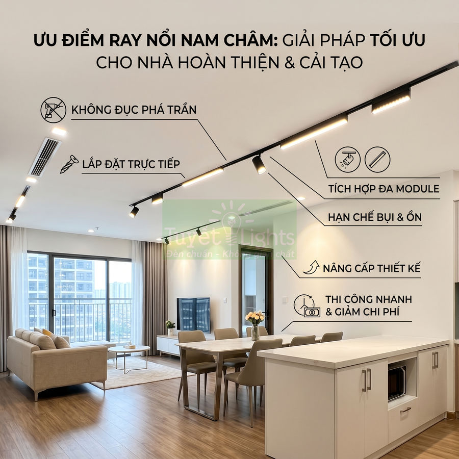 Đèn ray nổi nam châm Tuyết Lights lắp trần phòng khách hiện đại, dễ lắp đặt, nâng cấp thiết kế và tối ưu chiếu sáng