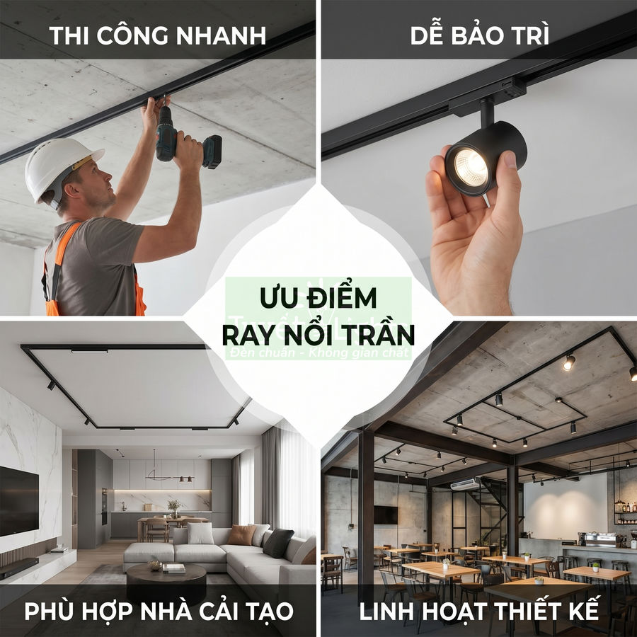 Đèn ray nổi trần màu đen thi công lắp đặt cho nhà ở và quán cà phê hiện đại