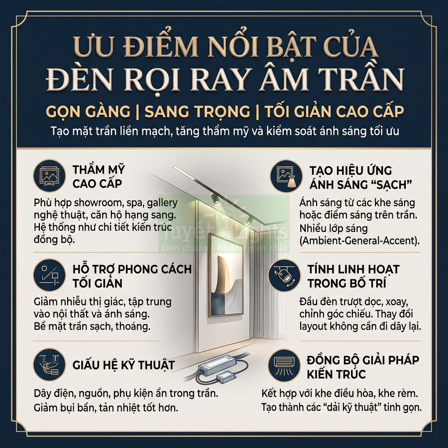 Infographic giới thiệu ưu điểm của đèn rọi ray âm trần cao cấp cho trần nhà hiện đại