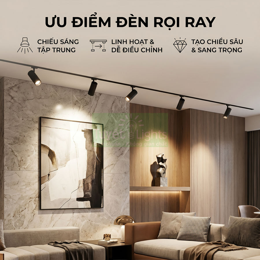 Đèn rọi ray trần chiếu sáng phòng khách hiện đại với sofa và tranh treo tường