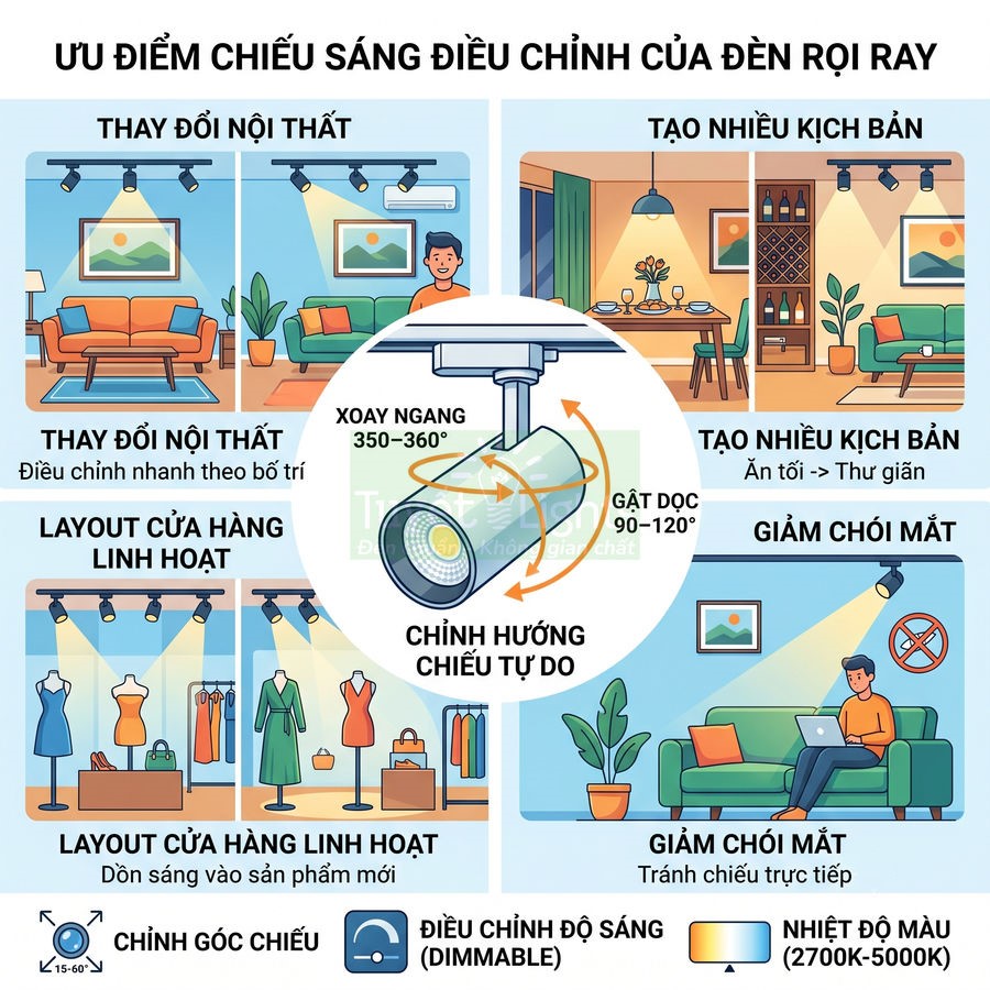 Đèn rọi ray chiếu sáng nội thất và cửa hàng, dễ điều chỉnh góc chiếu, độ sáng và màu ánh sáng