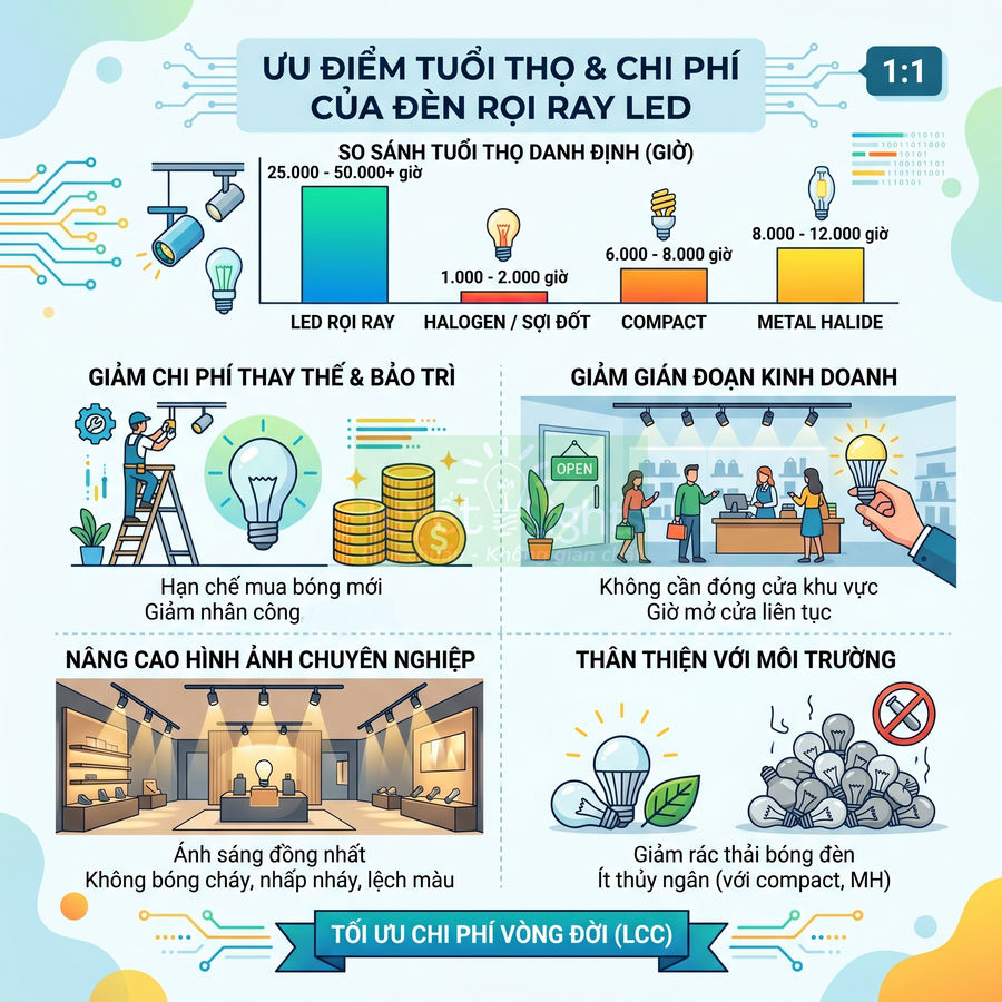 Ưu điểm tuổi thọ và chi phí của đèn rọi ray LED so với halogen, compact và metal halide