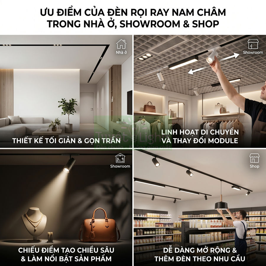 Đèn rọi ray nam châm chiếu sáng nhà ở, showroom và shop, thiết kế tối giản, linh hoạt lắp đặt và làm nổi bật sản phẩm