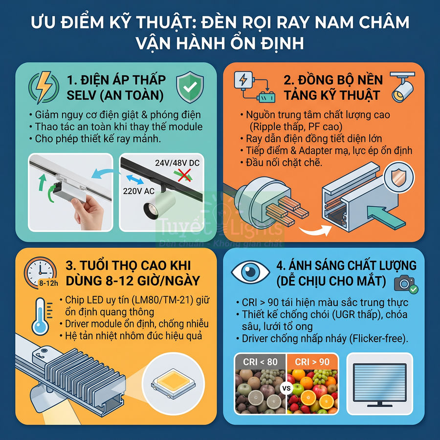 Ưu điểm kỹ thuật của đèn rọi ray nam châm: điện áp thấp an toàn, tuổi thọ cao, ánh sáng chất lượng