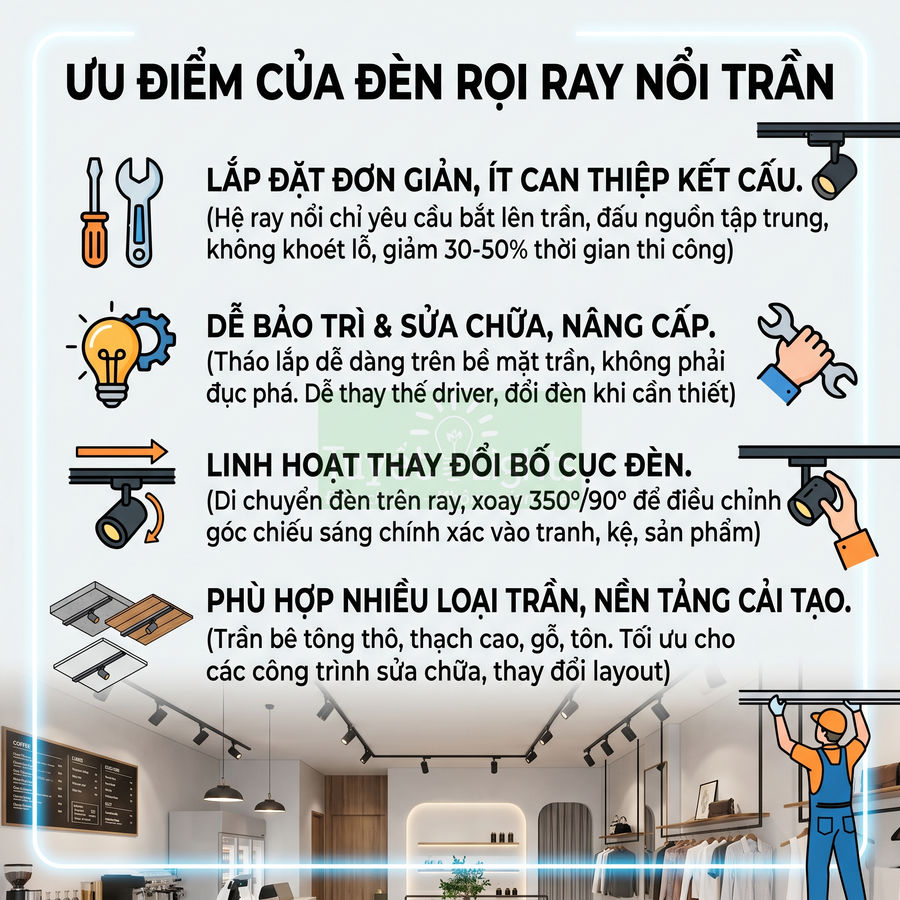Ưu điểm đèn rọi ray nổi trần, lắp đặt đơn giản, dễ bảo trì, linh hoạt bố trí và phù hợp nhiều loại trần