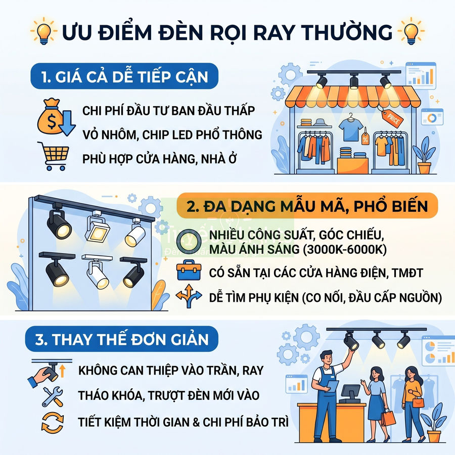 Ưu điểm đèn rọi ray thường với hình minh họa đèn led rọi ray chiếu sáng cửa hàng thời trang