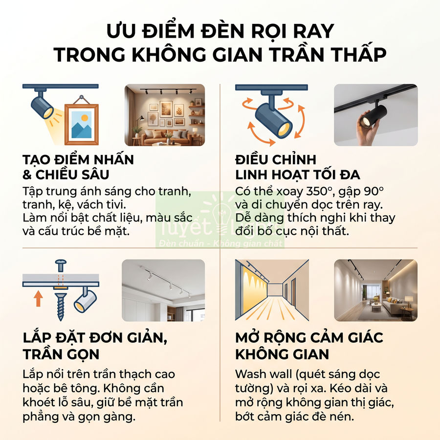 Ưu điểm đèn rọi ray trần thấp, đèn spotlight ray chiếu tranh và không gian nội thất hiện đại