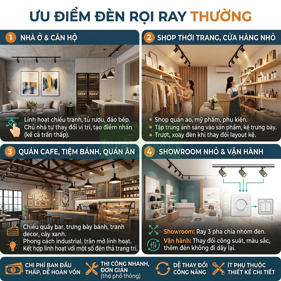 Ứng dụng đèn rọi ray cho nhà ở, shop thời trang, quán cafe và showroom nhỏ, chiếu sáng linh hoạt tiết kiệm chi phí