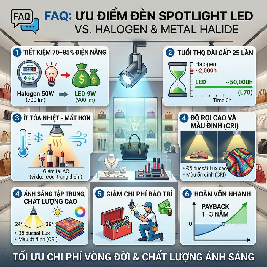 Infographic so sánh ưu điểm đèn spotlight LED với đèn halogen và metal halide trong cửa hàng trưng bày sản phẩm