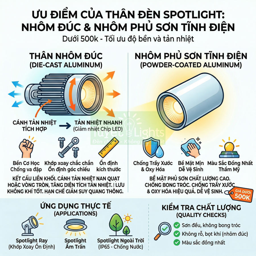 So sánh ưu điểm thân đèn spotlight nhôm đúc và nhôm phủ sơn tĩnh điện giá dưới 500k