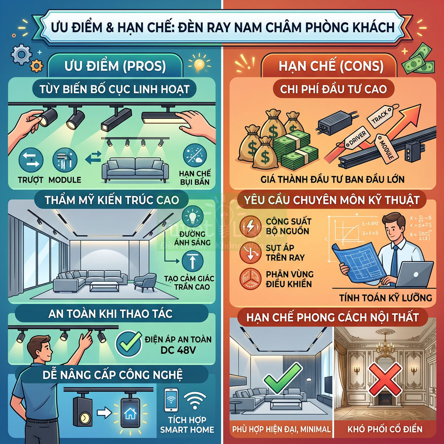 Ưu điểm và hạn chế của đèn ray nam châm phòng khách, minh họa lắp đặt chiếu sáng hiện đại