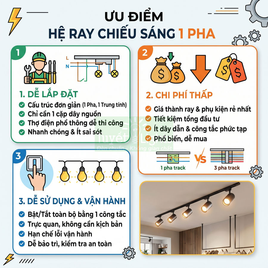 Ưu điểm hệ ray chiếu sáng 1 pha dễ lắp đặt, chi phí thấp, dễ sử dụng và vận hành trong nhà