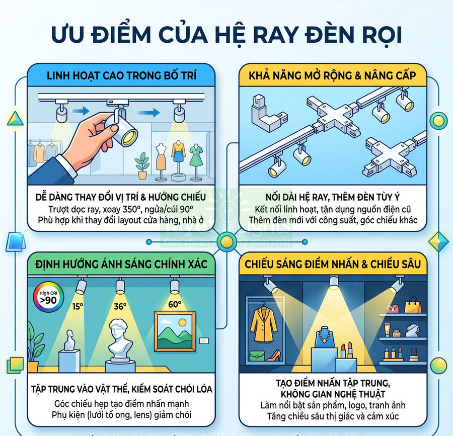 Infographic ưu điểm hệ ray đèn rọi: linh hoạt bố trí, mở rộng dễ, định hướng ánh sáng chính xác, chiếu sáng điểm nhấn