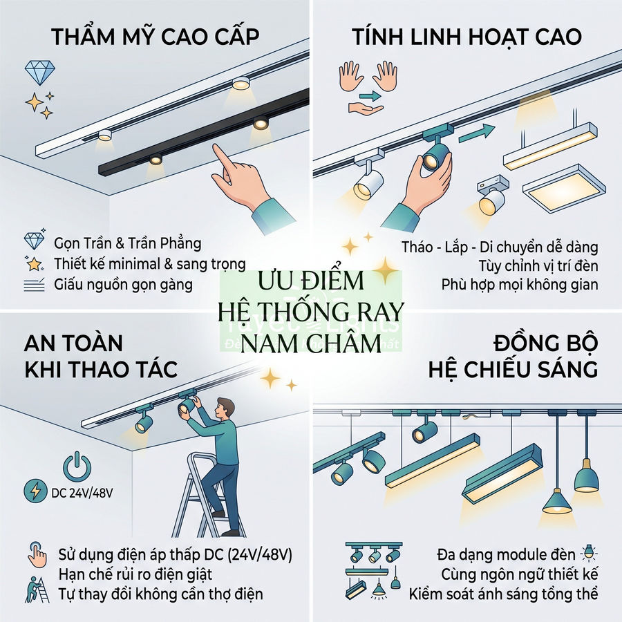 Hệ thống ray đèn nam châm trần nhà cao cấp, linh hoạt, an toàn, nhiều module chiếu sáng đồng bộ