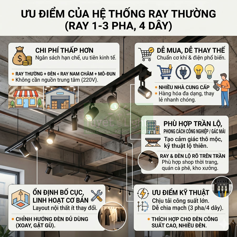 Hệ thống đèn ray trượt 1 3 pha 4 dây chiếu sáng trần bê tông phong cách công nghiệp cho shop thời trang