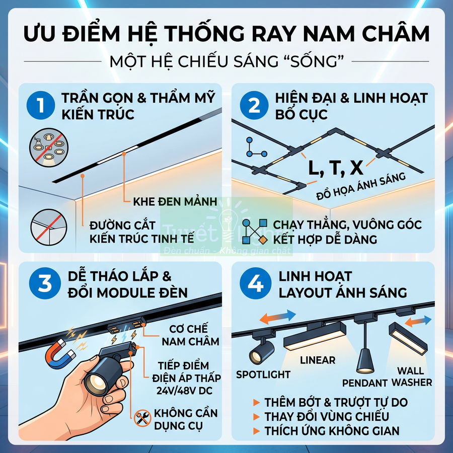 Ưu điểm hệ thống ray nam châm cho đèn chiếu sáng: trần gọn, linh hoạt bố cục và dễ thay đổi module đèn