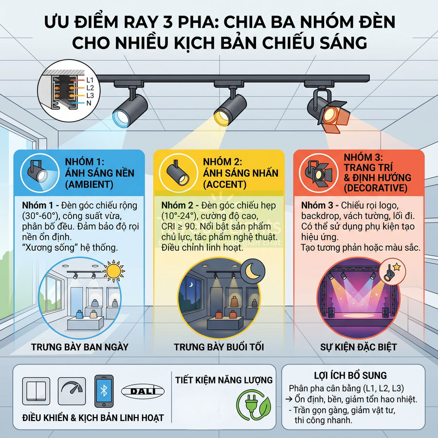 Infographic ưu điểm ray đèn 3 pha chia ba nhóm đèn cho nhiều kịch bản chiếu sáng showroom và sự kiện