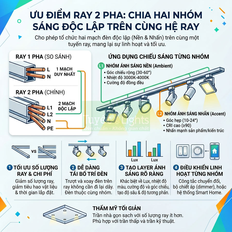 Infographic hệ ray đèn rọi 2 pha Tuyết Lights chia hai nhóm sáng độc lập cho chiếu sáng nền và nhấn