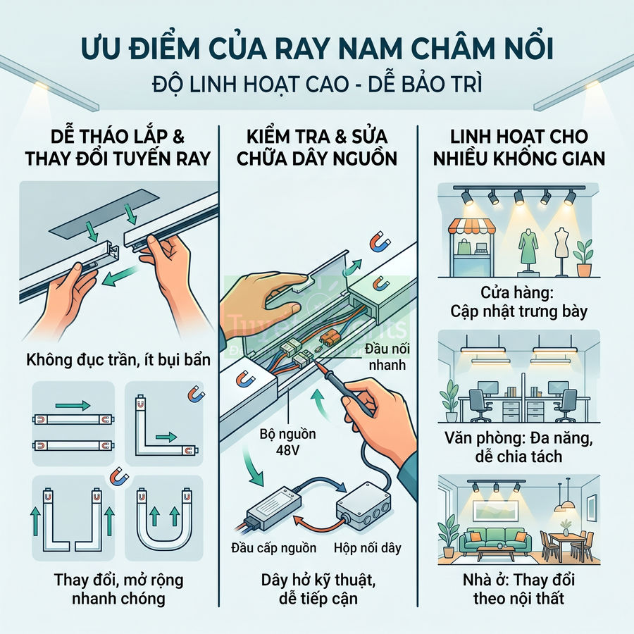Ưu điểm ray đèn nam châm nổi linh hoạt dễ lắp đặt bảo trì cho cửa hàng văn phòng nhà ở