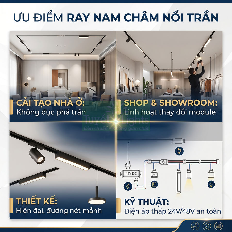 Hệ thống đèn ray nam châm nổi trần cho nhà ở, shop, showroom, thiết kế hiện đại, dễ lắp đặt và thay đổi module