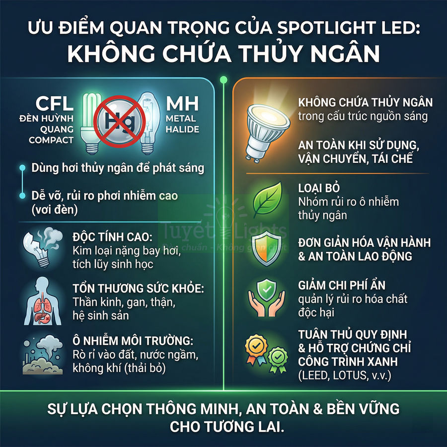 Infographic so sánh đèn CFL, MH chứa thủy ngân với đèn spotlight LED an toàn, không chứa thủy ngân