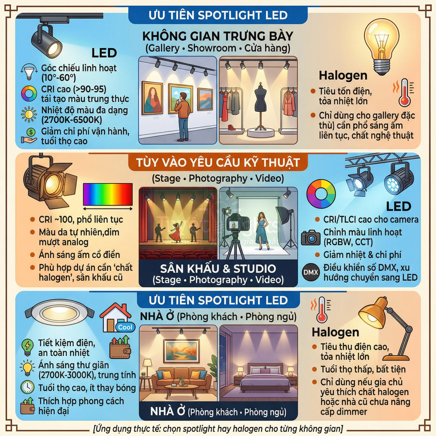 Infographic so sánh spotlight LED và halogen cho không gian trưng bày, sân khấu studio và chiếu sáng nhà ở
