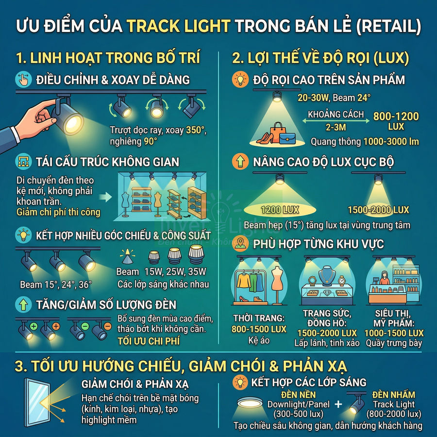 Infographic ưu điểm đèn track light trong cửa hàng bán lẻ, minh họa bố trí, độ rọi và tối ưu chống chói