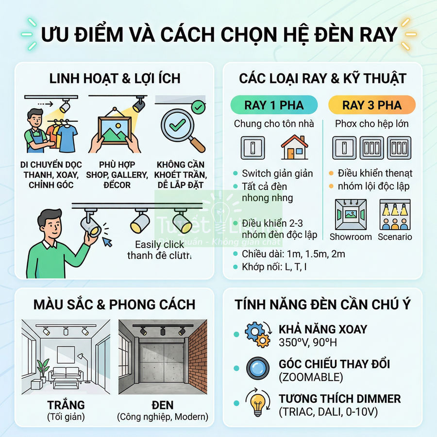 Infographic hướng dẫn chọn hệ đèn ray chiếu sáng, nêu ưu điểm, loại ray, màu sắc và tính năng cần chú ý