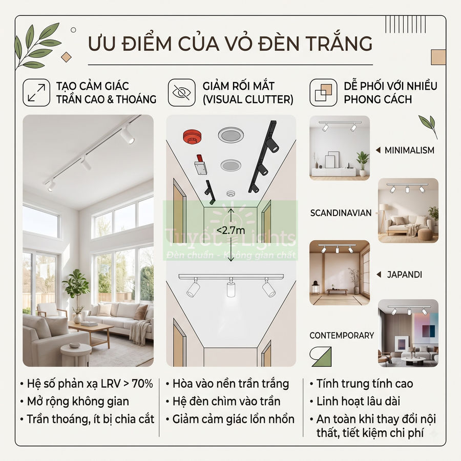 Ưu điểm của vỏ đèn trần màu trắng cho không gian nội thất hiện đại, tối giản và dễ phối nhiều phong cách