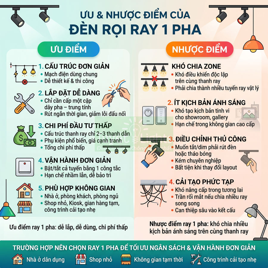 Infographic ưu và nhược điểm của đèn rọi ray 1 pha cho nhà ở, shop nhỏ và không gian tạm thời