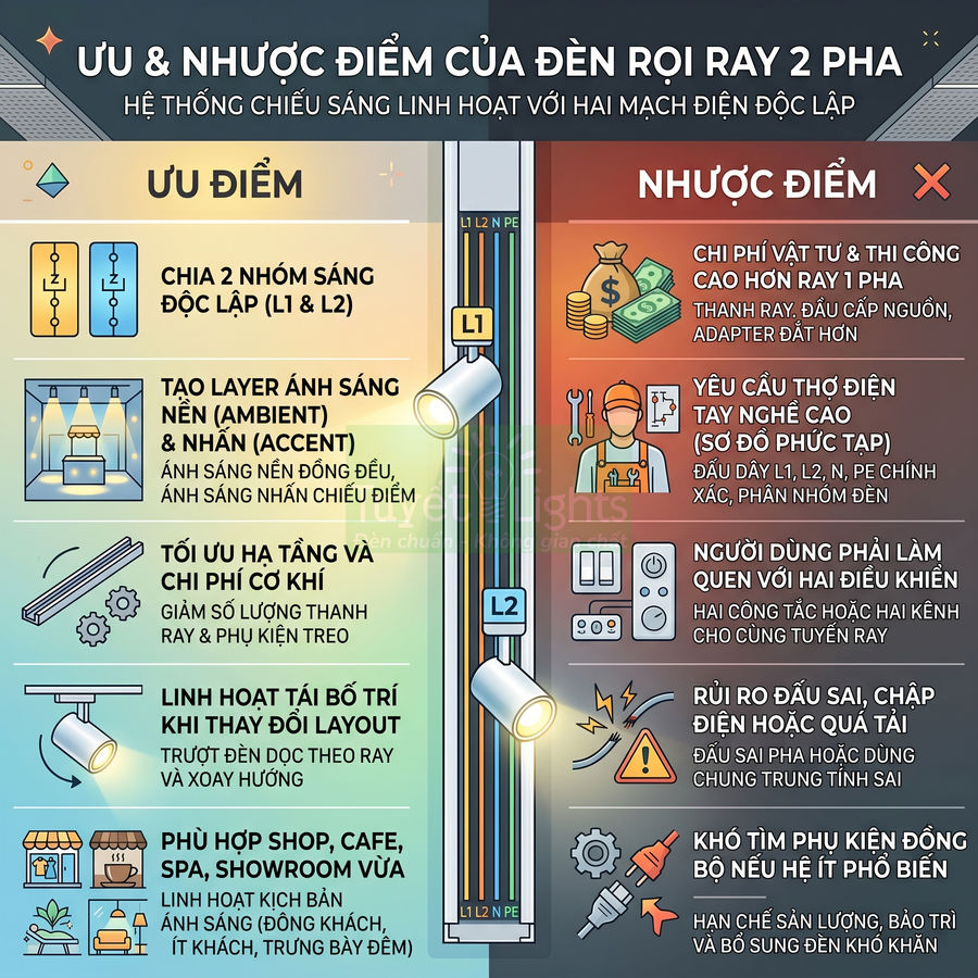 Infographic ưu nhược điểm đèn rọi ray 2 pha, hệ thống chiếu sáng ray trượt cho shop, cafe, spa, showroom