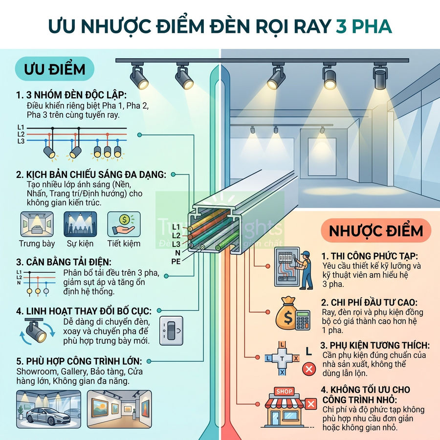 Ưu nhược điểm đèn rọi ray 3 pha, cấu tạo thanh ray và ứng dụng chiếu sáng cho showroom, cửa hàng