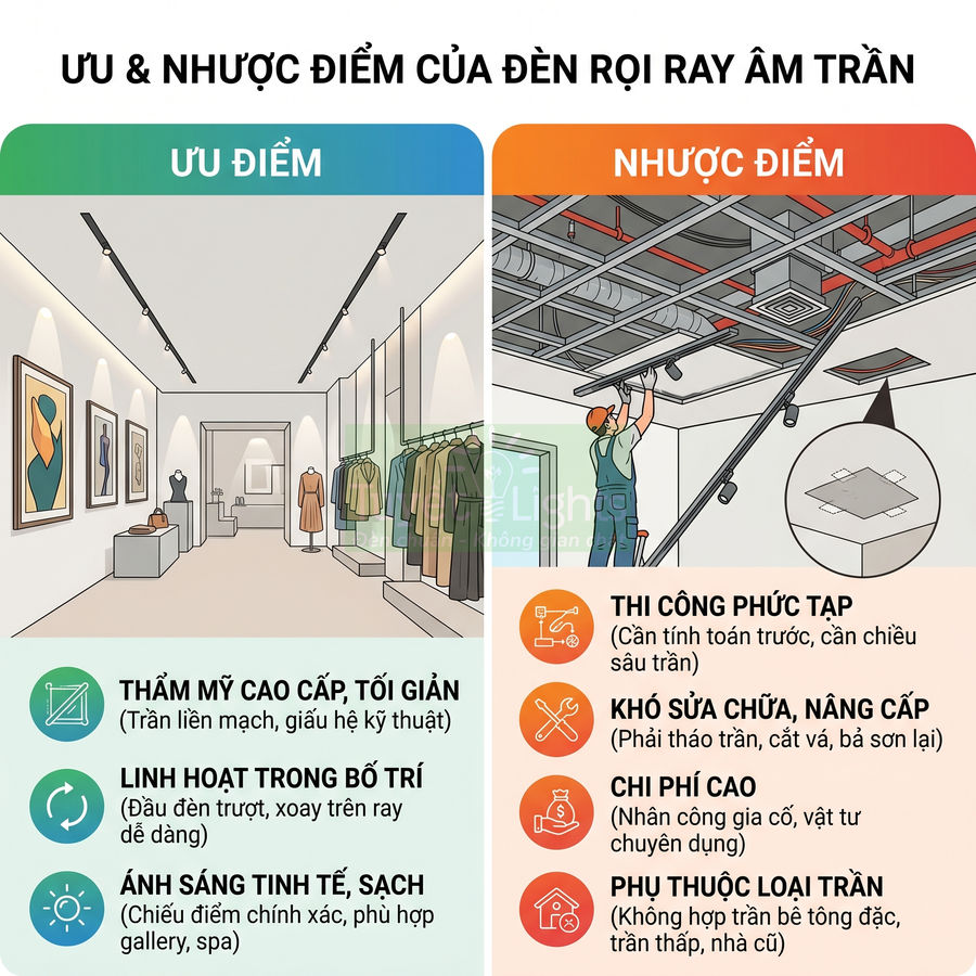 Ưu và nhược điểm của đèn rọi ray âm trần trong cửa hàng thời trang, minh họa thi công và lắp đặt