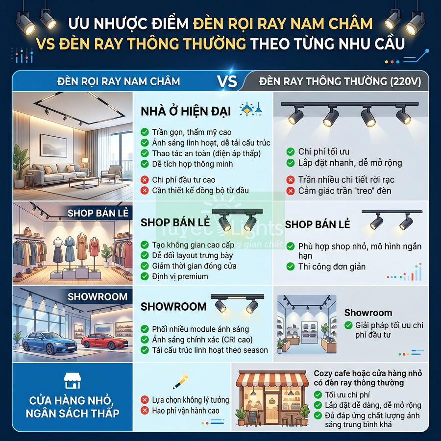So sánh ưu nhược điểm đèn rọi ray nam châm và đèn ray thông thường cho nhà ở, shop, showroom, cửa hàng nhỏ