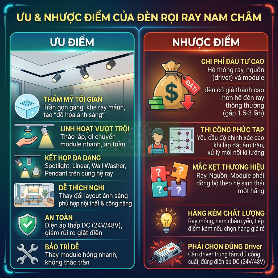 Ưu và nhược điểm của đèn rọi ray nam châm cho trần nhà hiện đại, nhấn mạnh tính thẩm mỹ và chi phí lắp đặt