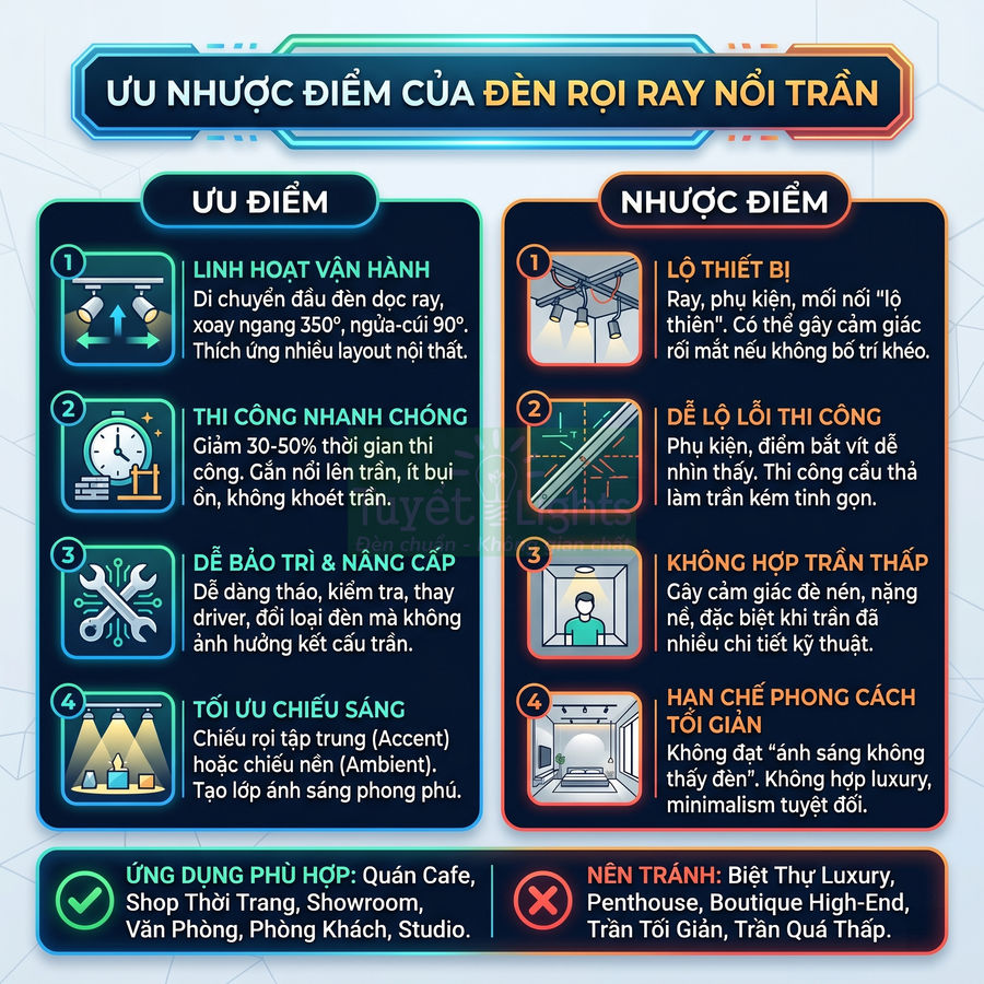Infographic ưu nhược điểm đèn rọi ray nổi trần và gợi ý không gian ứng dụng phù hợp