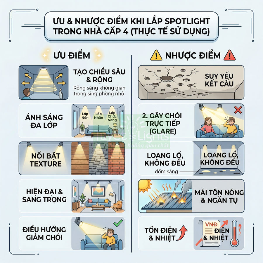 Ưu nhược điểm khi lắp đèn spotlight trong nhà cấp 4, minh họa ánh sáng, kết cấu trần và hiệu quả chiếu sáng