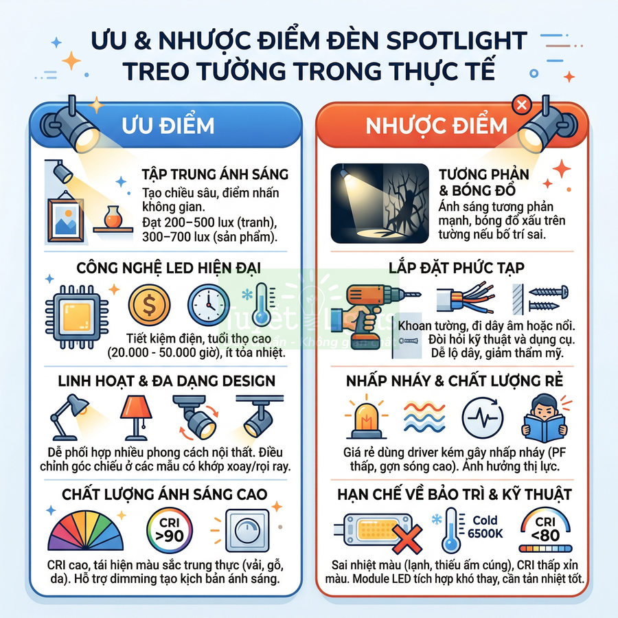 Infographic ưu nhược điểm đèn spotlight treo tường, so sánh tập trung ánh sáng, công nghệ LED, lắp đặt và chất lượng chiếu sáng